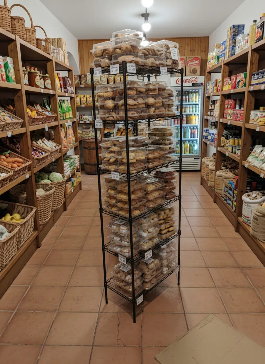 Expositor TGR Artesanos instalado en tienda de alimentación