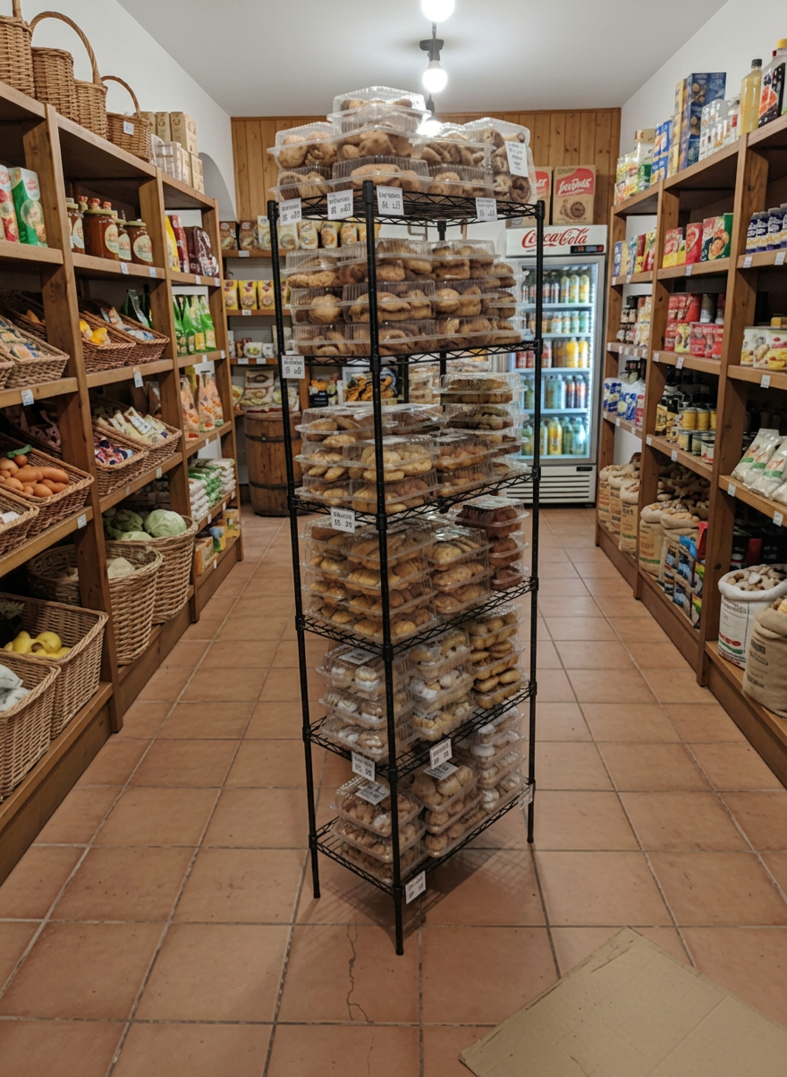Expositor TGR Artesanos instalado en tienda de alimentación