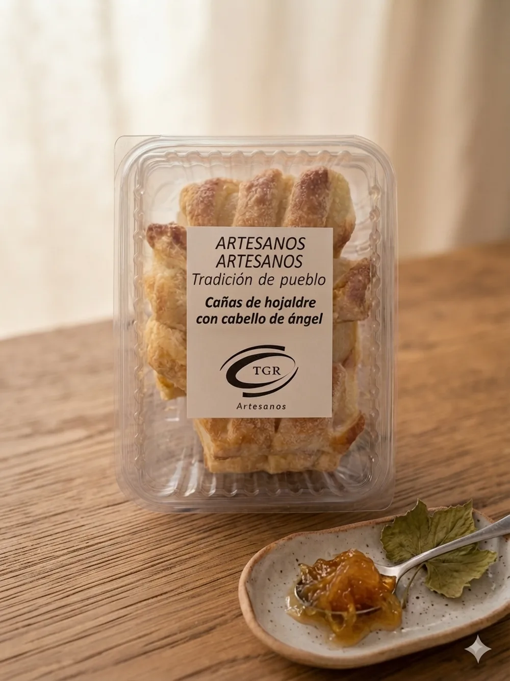 Cañas de hojaldre rellenas de cabello de ángel